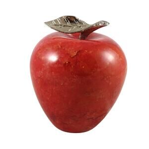 Vintage Mid-Century Stone Marble Apple Paperweight Metal Stem Desk Decor